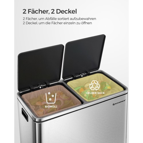 Skraldespand med to rum 2 × 30 l pedal, soft close, sølv/sort