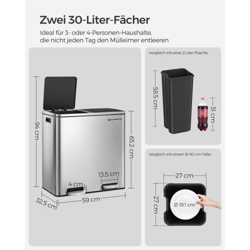 Skraldespand med to rum 2 × 30 l pedal, soft close, sølv/sort