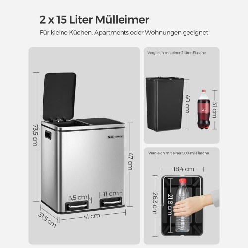 Skraldespand til affaldssortering 2 x 15 l stål, pedal, sølv/sort