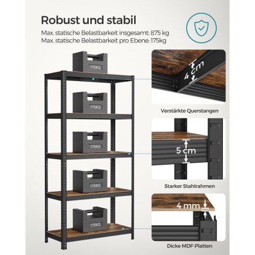 Opbevaringsreol GLR040B11 40 x 90 x 180 cm - rustik brun/sort
