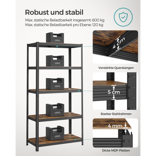 Reol med hylder 50 × 100 × 200 cm, justerbar, industrielt look, rustik brun/sort