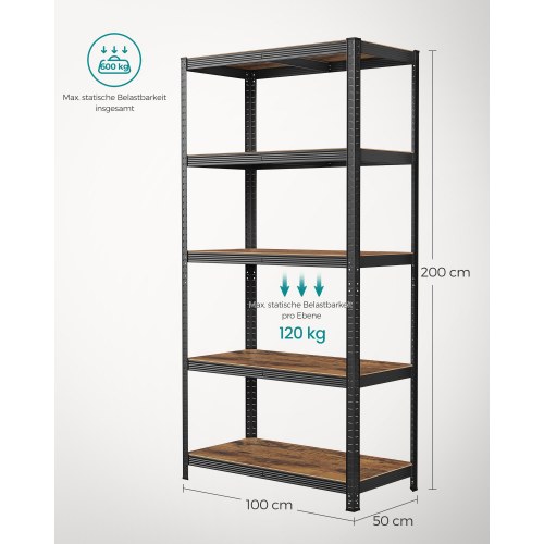 Reol med hylder 50 × 100 × 200 cm, justerbar, industrielt look, rustik brun/sort
