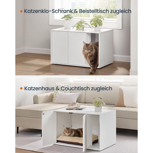 Kattebakke-skab med sidebord HOME, hurtig samling uden værktøj, til store katte, push-to-open låger, minimalistisk sofabord, Snehvid (PCL013W01)