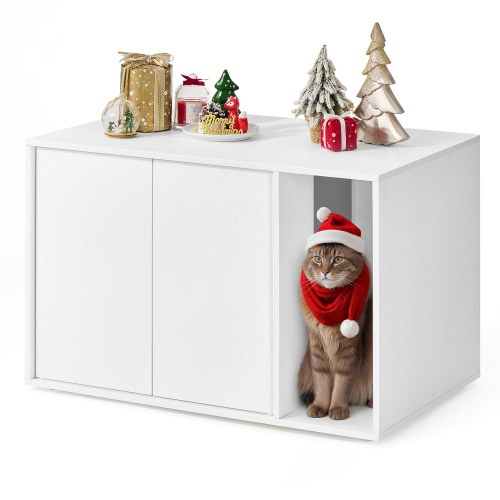 Kattebakke-skab med sidebord HOME, hurtig samling uden værktøj, til store katte, push-to-open låger, minimalistisk sofabord, Snehvid (PCL013W01)