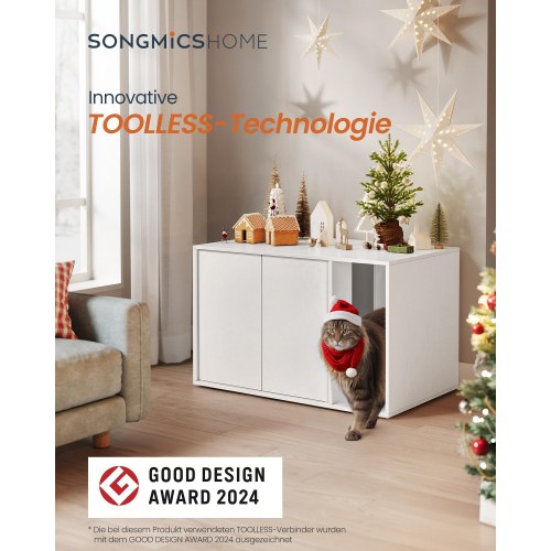 Kattebakke-skab med sidebord HOME, hurtig samling uden værktøj, til store katte, push-to-open låger, minimalistisk sofabord, Snehvid (PCL013W01)