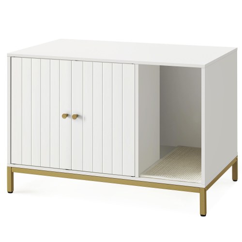 Kattebakke skab – FEANDREA skjult kattemøbel med kradsemåtte, høje ben, sidebord, 80 × 50 × 55 cm, hvid/guld