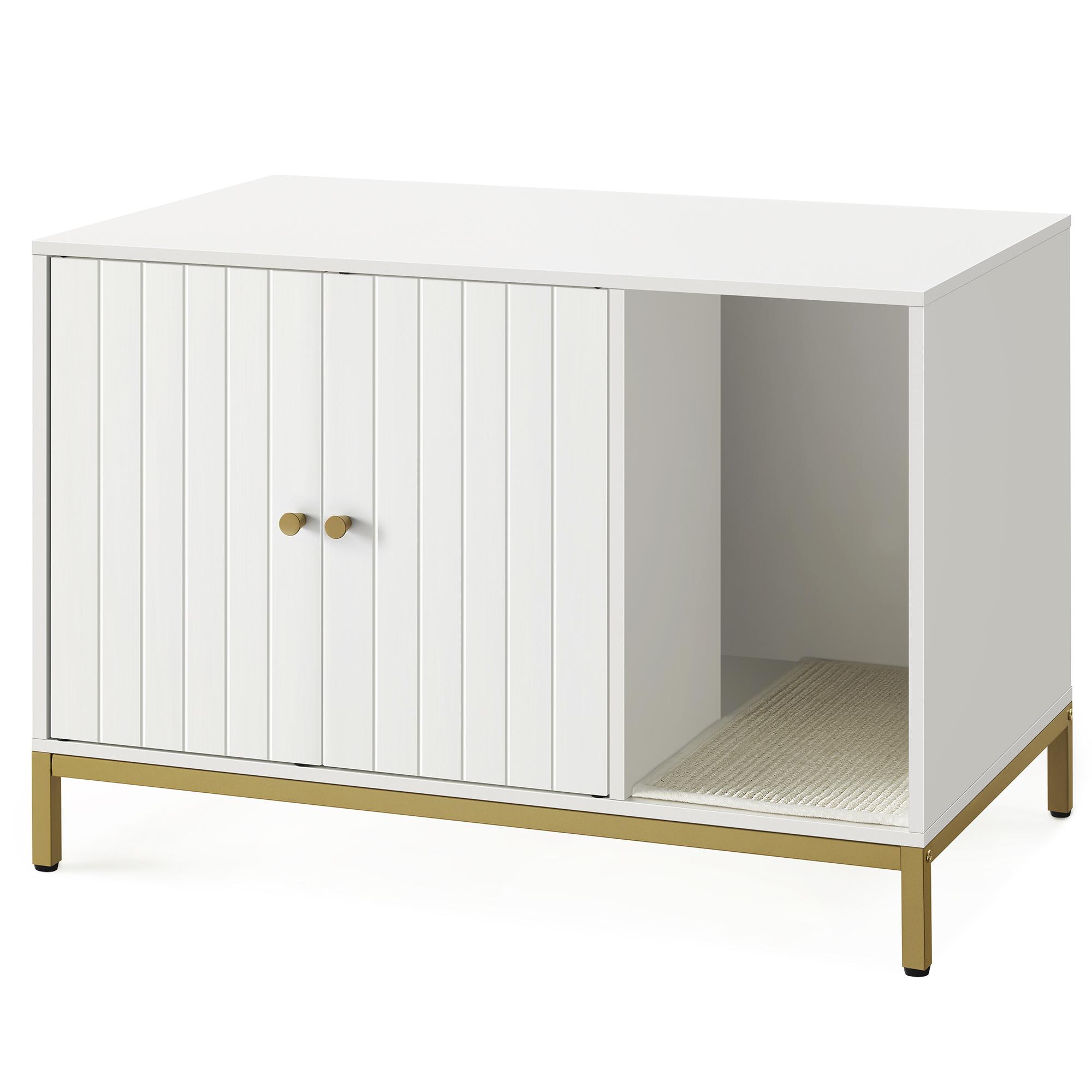 Kattebakke skab – FEANDREA skjult kattemøbel med kradsemåtte, høje ben, sidebord, 80 × 50 × 55 cm, hvid/guld