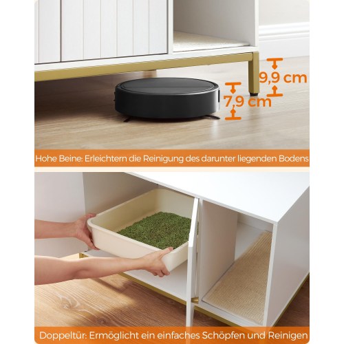 Kattebakke skab – FEANDREA skjult kattemøbel med kradsemåtte, høje ben, sidebord, 80 × 50 × 55 cm, hvid/guld