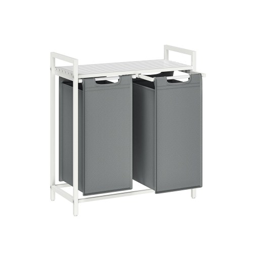 Vasketøjskurv med 2 rum hylde, aftagelige poser, metalstel, 2 × 46 l, 73 × 33 × 72 cm, hvid/lysegrå