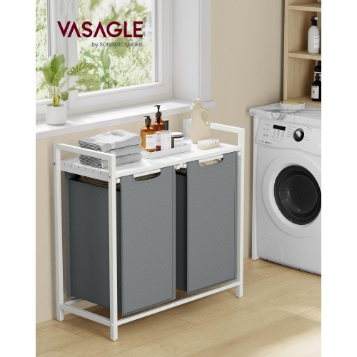 Vasketøjskurv med 2 rum hylde, aftagelige poser, metalstel, 2 × 46 l, 73 × 33 × 72 cm, hvid/lysegrå