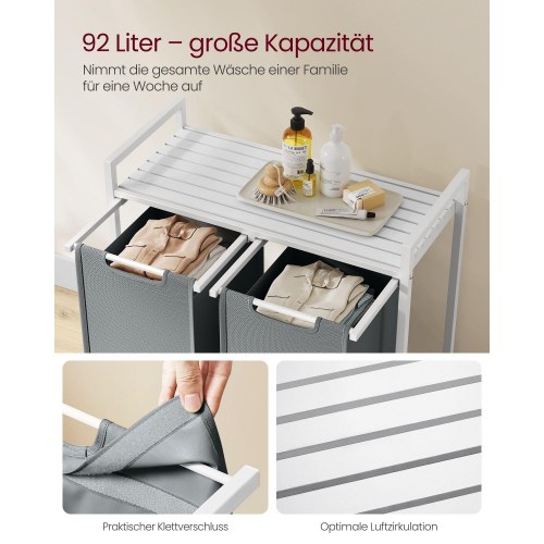 Vasketøjskurv med 2 rum hylde, aftagelige poser, metalstel, 2 × 46 l, 73 × 33 × 72 cm, hvid/lysegrå