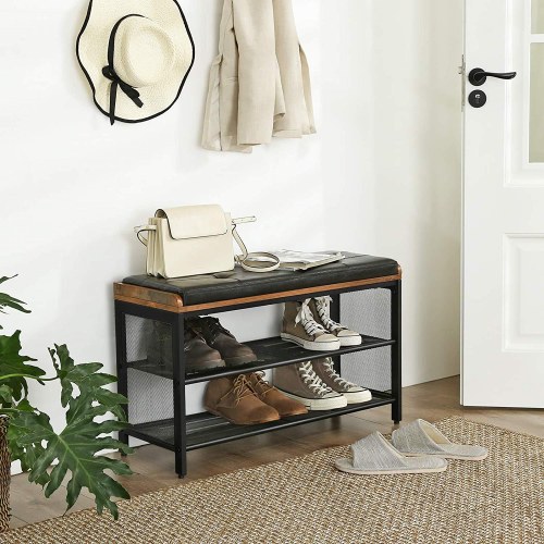 Skobænk med hynde metal/kunstlæder, 80 × 30 × 48 cm, industriel stil, rustik brun/sort