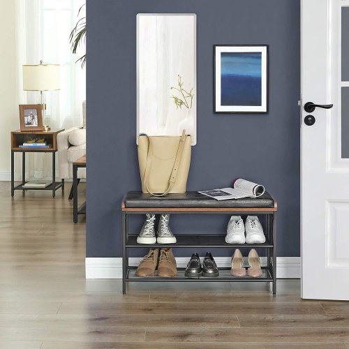 Skobænk med hynde metal/kunstlæder, 80 × 30 × 48 cm, industriel stil, rustik brun/sort
