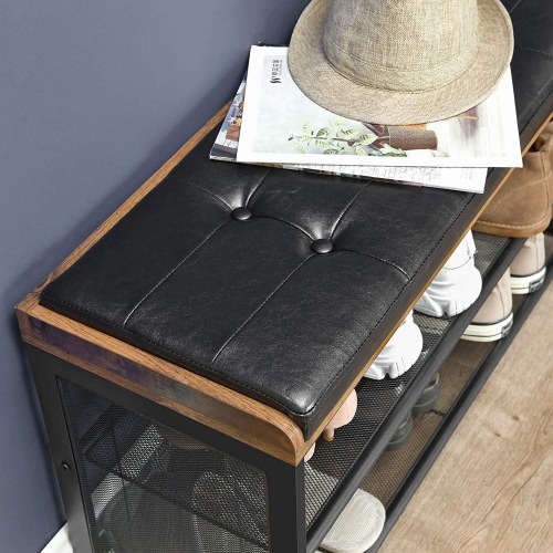 Skobænk med hynde metal/kunstlæder, 80 × 30 × 48 cm, industriel stil, rustik brun/sort