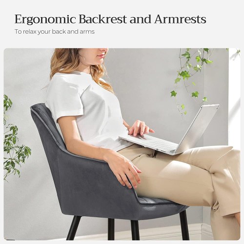 Spisebordsstol i velour polstret armstol med armlæn, metalben, grå, sædebredde 49 cm, maks. 110 kg