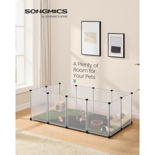 Løbegård til kæledyr med bund og aftagelig Oxford-måtte, indendørs indhegning til smådyr, DIY plastbur, 143 × 73 × 46 cm, hvid