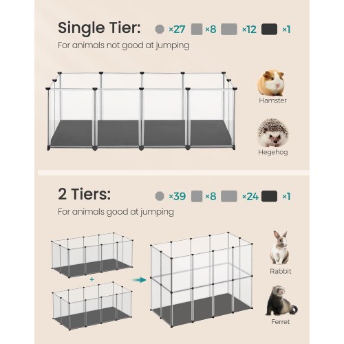 Løbegård til kæledyr med bund og aftagelig Oxford-måtte, indendørs indhegning til smådyr, DIY plastbur, 143 × 73 × 46 cm, hvid