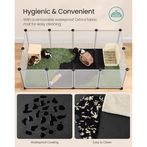 Løbegård til kæledyr med bund og aftagelig Oxford-måtte, indendørs indhegning til smådyr, DIY plastbur, 143 × 73 × 46 cm, hvid
