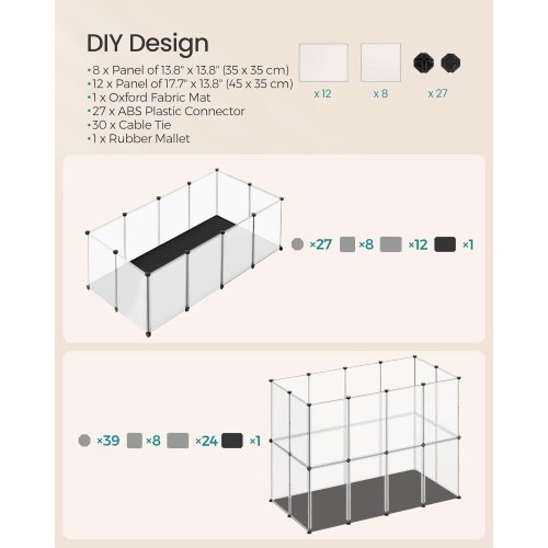 Løbegård til kæledyr med bund og aftagelig Oxford-måtte, indendørs indhegning til smådyr, DIY plastbur, 143 × 73 × 46 cm, hvid