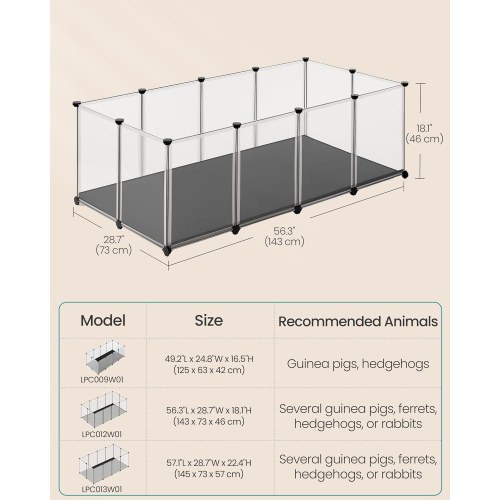 Løbegård til kæledyr med bund og aftagelig Oxford-måtte, indendørs indhegning til smådyr, DIY plastbur, 143 × 73 × 46 cm, hvid