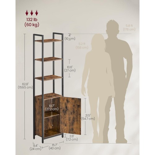 Bogreol med 6 niveauer høj reol med dør, metalramme, justerbare hylder, 24 × 40 × 159,5 cm, rustik brun og ink black