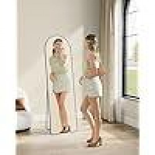 Gulvspejl fuld længde 160 × 50 cm buet spejl med stander, hærdet glas, aluminiumsramme, Ink Black