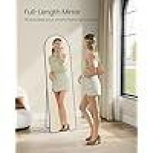 Gulvspejl fuld længde 160 × 50 cm buet spejl med stander, hærdet glas, aluminiumsramme, Ink Black