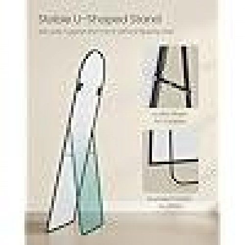 Gulvspejl fuld længde 160 × 50 cm buet spejl med stander, hærdet glas, aluminiumsramme, Ink Black