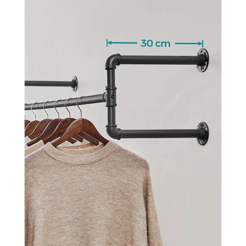 Tøjstativ til væg – SONGMICS, sæt á 2, industriel rørstang, pladsbesparende, 110 × 30 × 29,3 cm, max 60 kg pr. stativ, sort HSR64BK-02