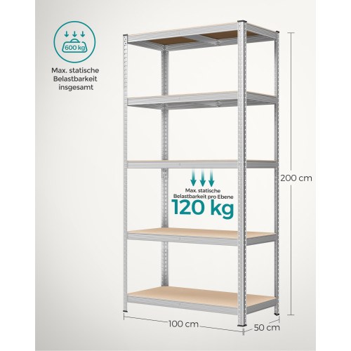 Reol med 5 hylder stålhylle, værkstedsreol 50 × 100 × 200 cm, sølv