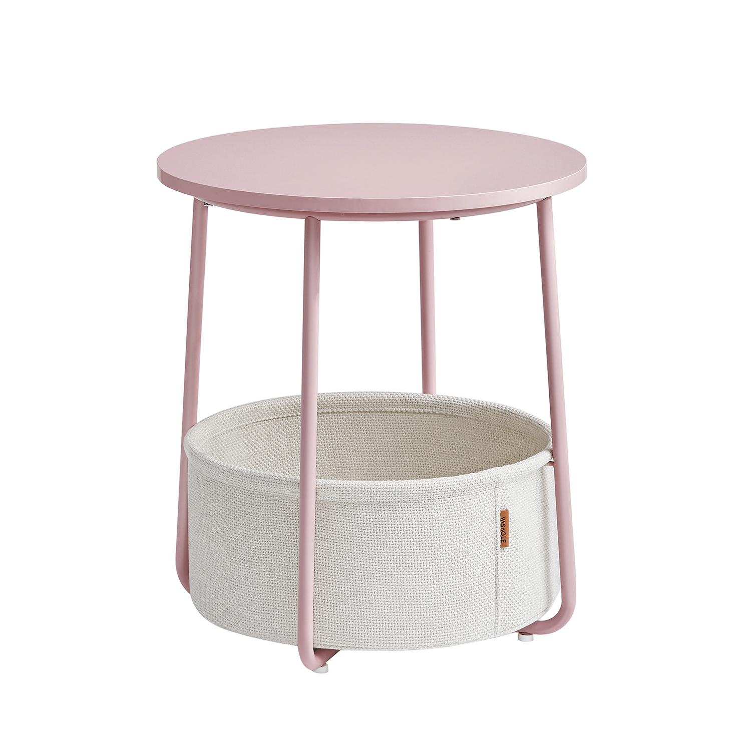 Sofabord rund VASAGLE sidebord med stofkurv, pastelrosa/skyhvid