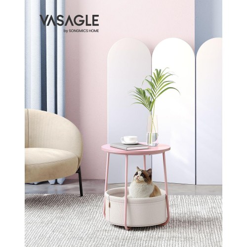 Sofabord rund sidebord med stofkurv, pastelrosa/skyhvid