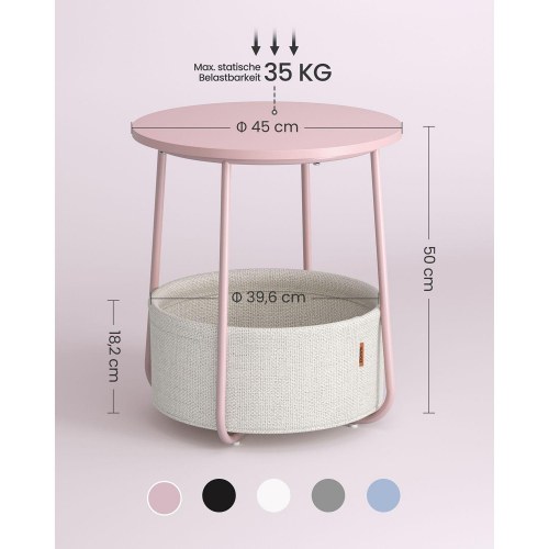 Sofabord rund sidebord med stofkurv, pastelrosa/skyhvid