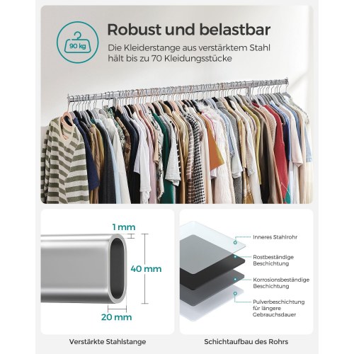 Tøjstativ på hjul kraftig model, udtrækkelig bøjlestang, 90 kg, sølv