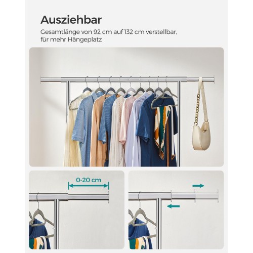 Tøjstativ på hjul kraftig model, udtrækkelig bøjlestang, 90 kg, sølv