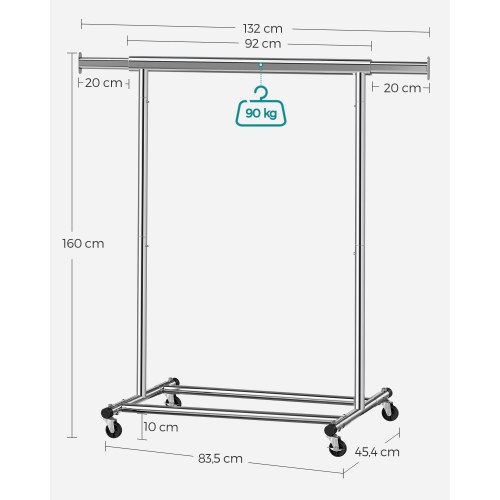 Tøjstativ på hjul kraftig model, udtrækkelig bøjlestang, 90 kg, sølv