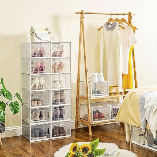 Skobokse med frontlåge, stabelbare og foldbare - 18 stk., transparent/hvid