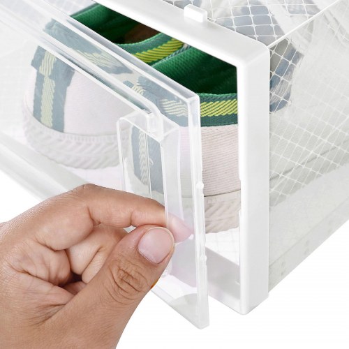 Skobokse med frontlåge, stabelbare og foldbare - 18 stk., transparent/hvid