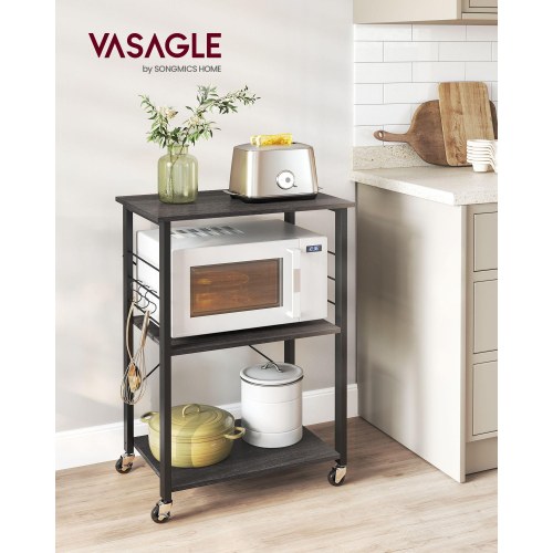 Køkkenreol på hjul serveringsvogn med 3 hylder, mikrobølgereol, 6 kroge, industrielt look i sort/eboniseret eg (KKS060B42)