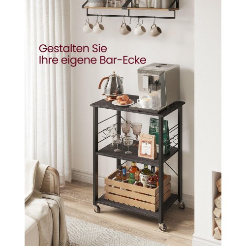 Køkkenreol på hjul serveringsvogn med 3 hylder, mikrobølgereol, 6 kroge, industrielt look i sort/eboniseret eg (KKS060B42)
