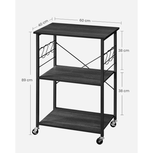 Køkkenreol på hjul serveringsvogn med 3 hylder, mikrobølgereol, 6 kroge, industrielt look i sort/eboniseret eg (KKS060B42)