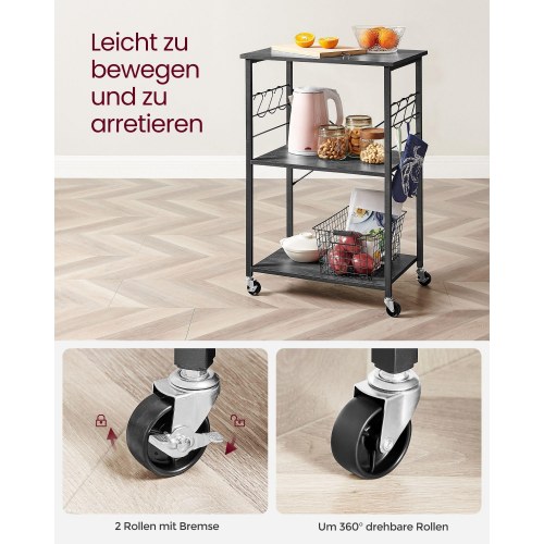 Køkkenreol på hjul serveringsvogn med 3 hylder, mikrobølgereol, 6 kroge, industrielt look i sort/eboniseret eg (KKS060B42)