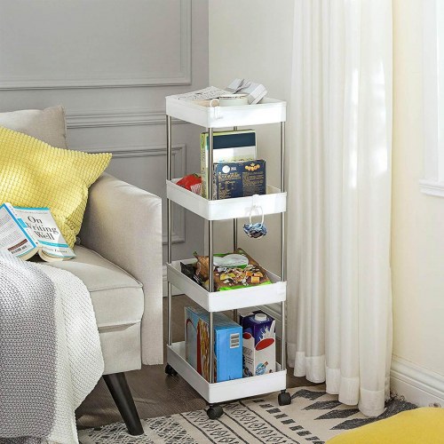 Rullebord med 4 hylder opbevaringsvogn, 40 × 22 × 86 cm, hvid