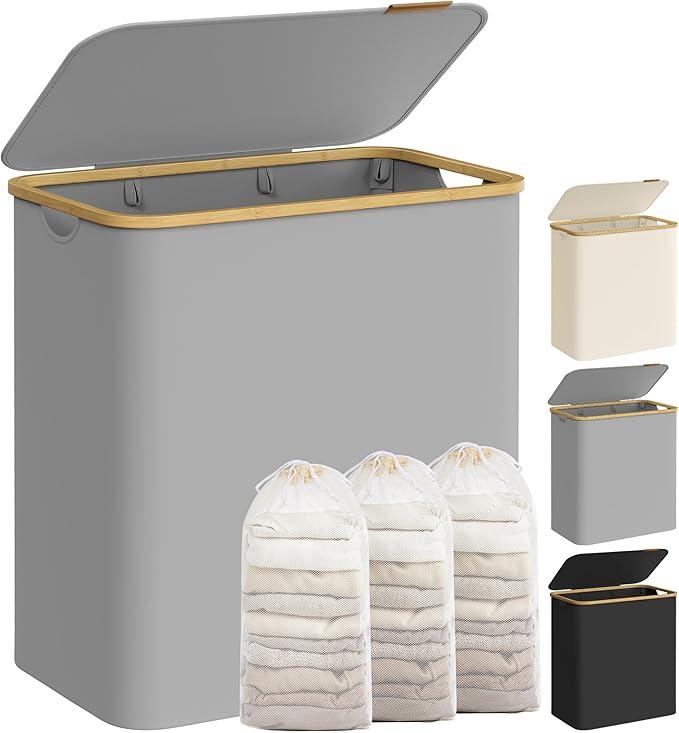 Vasketøjskurv med låg 3 rum, 150 l, aftagelig netforing, Oxford-stof, bambushåndtag, sammenklappelig, 60 × 38,5 × 70,5 cm, duegrå