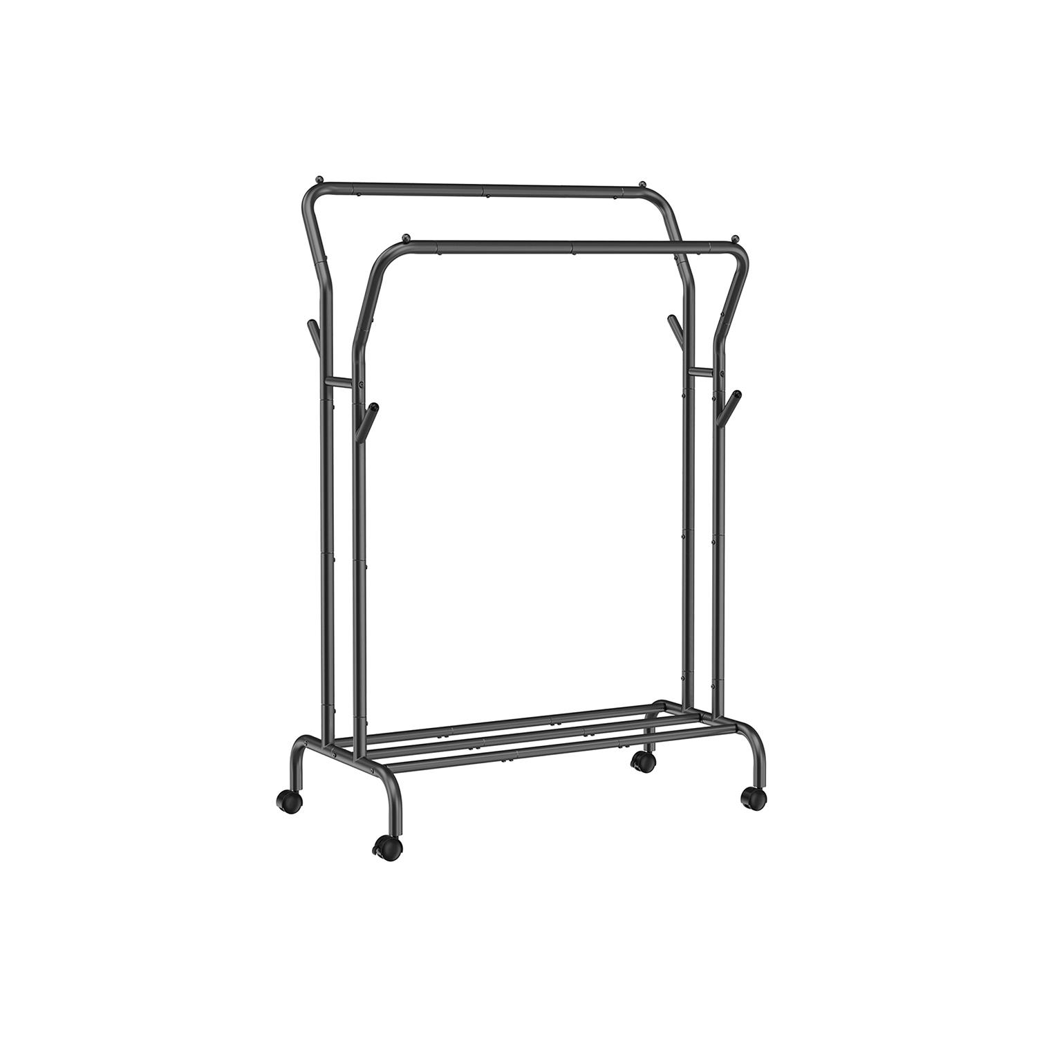 Tøjstativ med hjul dobbelt tøjstang, metal, hylde, 100 kg, 103,5 cm, sort