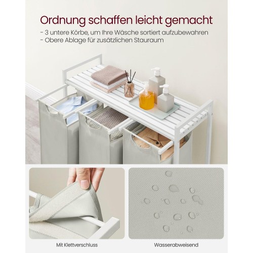 Vasketøjskurv med 3 rum – VASAGLE, udtrækkelige poser, hylde, metalramme, 3 × 38 l, 92,5 × 33 × 72 cm, hvid