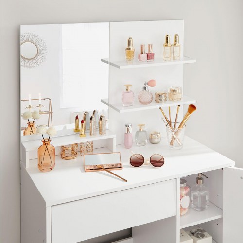 Toiletbord med spejl – VASAGLE, 1 skuffe, 2 hylder, skab, hvid