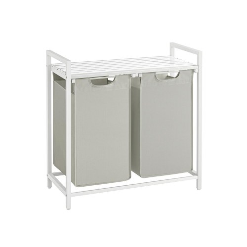 Vasketøjskurv med 2 rum udtrækkelige poser, hylde, metalstel, 2 × 46 l, 73 × 33 × 72 cm, hvid