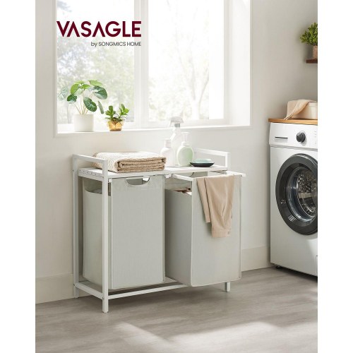Vasketøjskurv med 2 rum udtrækkelige poser, hylde, metalstel, 2 × 46 l, 73 × 33 × 72 cm, hvid
