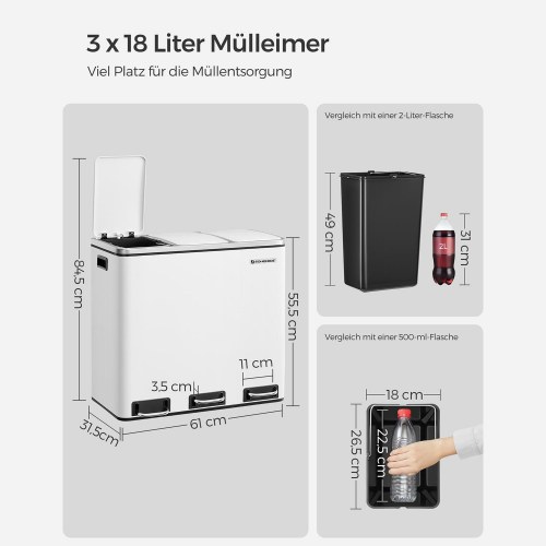Skraldespand til affaldssortering 3 x 18 l – SONGMICS pedalspand, hvid